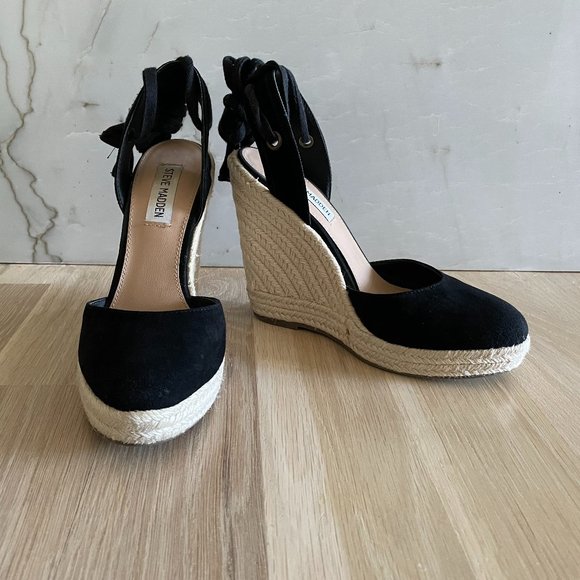 Steve Madden Shoes - Steve Madden Women's Barre Espadrille Wedge Sandal, Black Suede